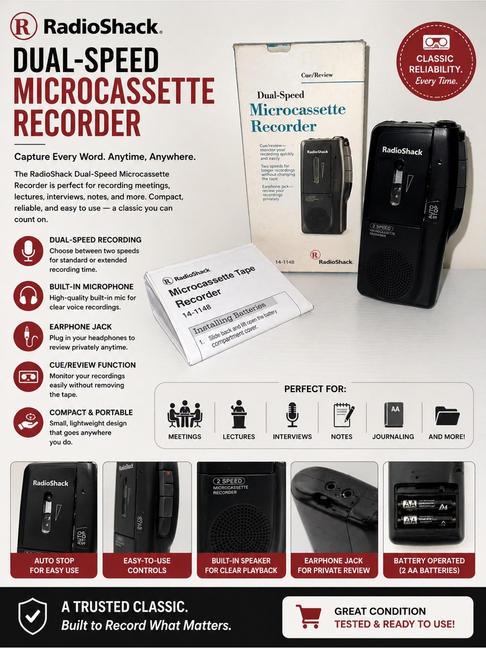 RadioShack Portable Microcassette Recorder - Black